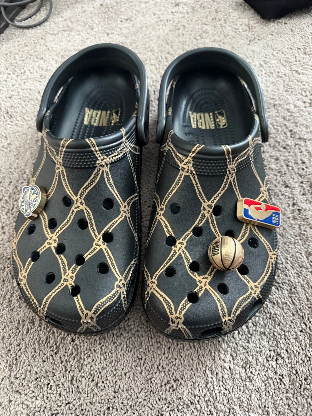 CROCS Black Kids Clog Sandals with Tan Lattice Print and NBA Charms